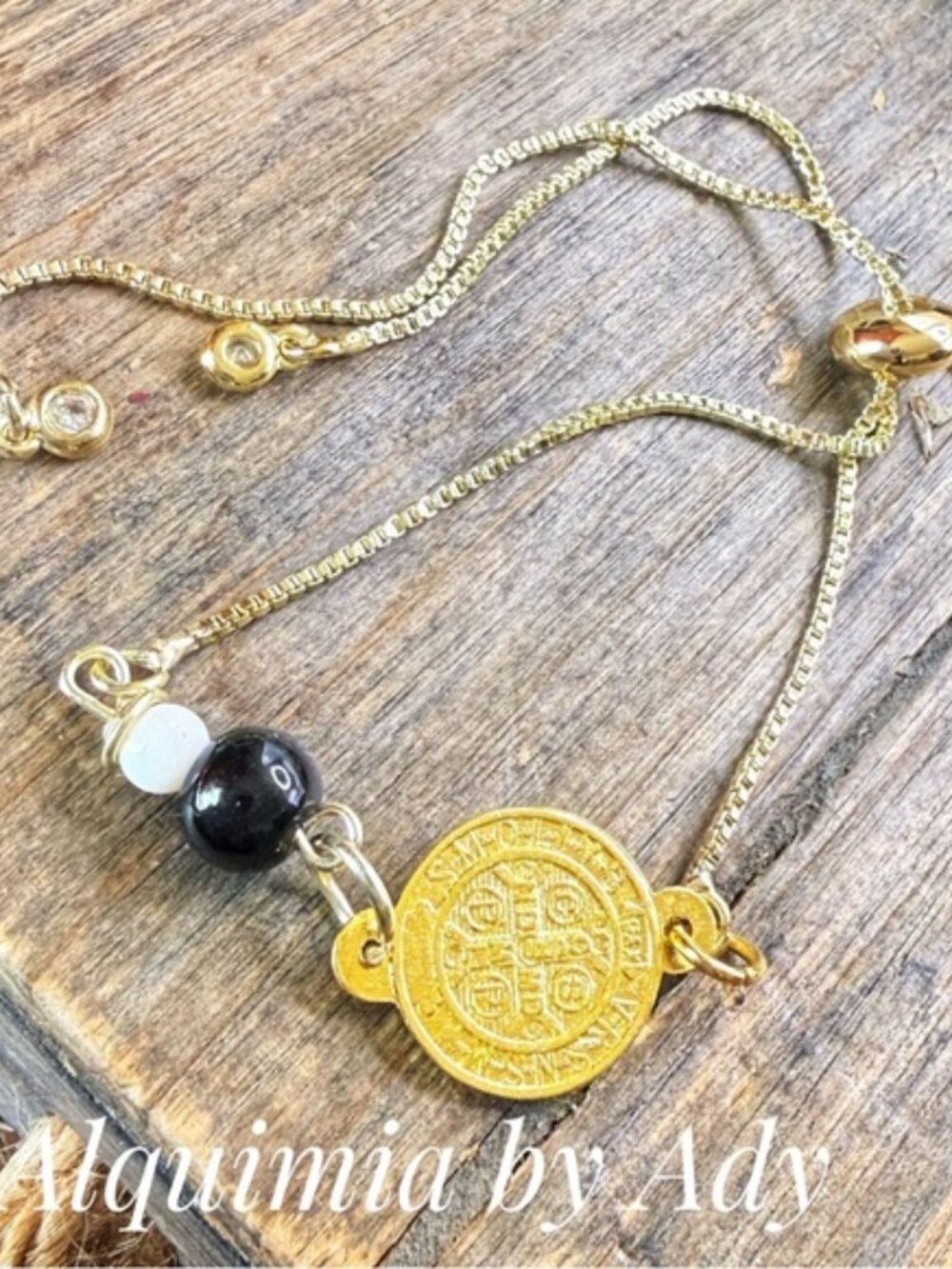 Alquimia Gold-Tone Coin Necklace with Black onyx and White agate Beads